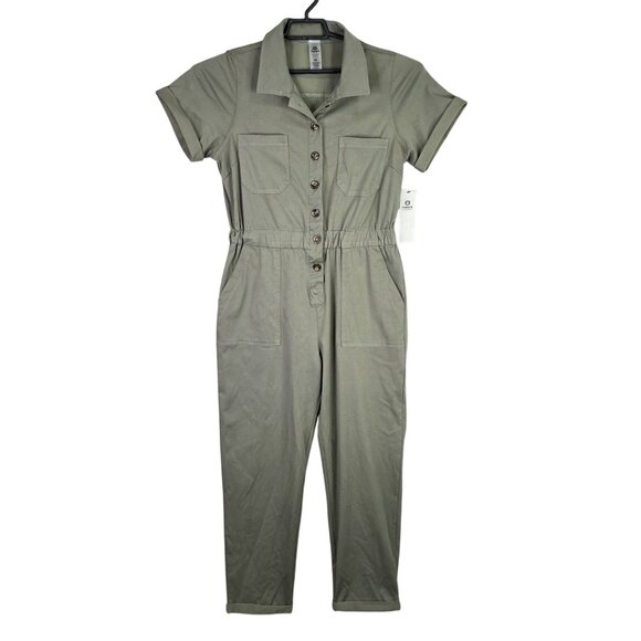 Womens Mono B Olive Green Utility Jumpsuit Button Up Front Short Sleeves Size M - Picture 1 of 11